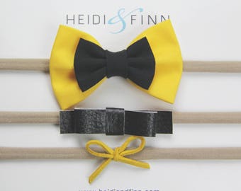 SALE Emma "wiggles" inspired Hairbow SET of 3 Hairband cotton little yellow black leather suede hair clip