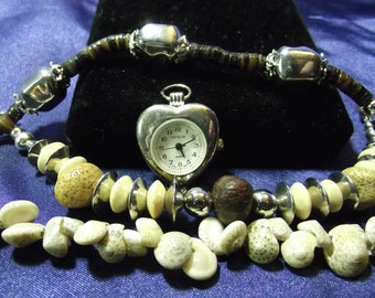 Woman's Quartz Watch with 3 Beaded Bands (Shells & Brown ) B125
