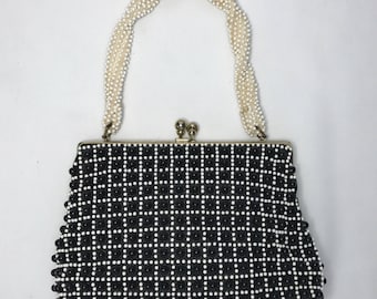 Vintage 1950s Beaded Black and White purse