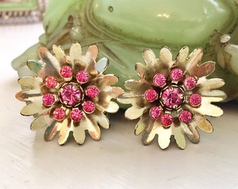 Vintage Flower Earrings with Hot pink Rhinestones