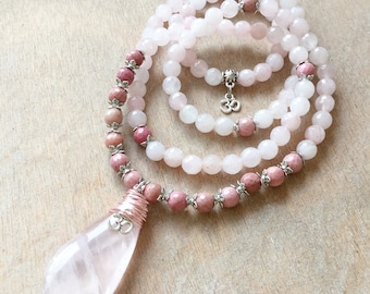 108 Mala Beads | Pink Rose Quartz, Rhodonite Crystal Japa Mala | Om Aum, Heart Chakra, Meditation Yoga Prayer Beads , Mayan Rose MayanRose