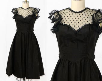 Vintage 1970s/80s Gunne Sax Black Satin Flutter Sleeve Dress / Size XS
