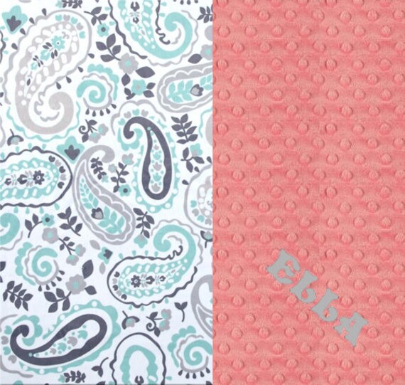Paisley Personalized Baby Blanket, Minky Baby Blanket Girl, Gray Mint Coral, Nursery Decor, Coral Baby Blanket, Name Baby Blanket, Baby Gift