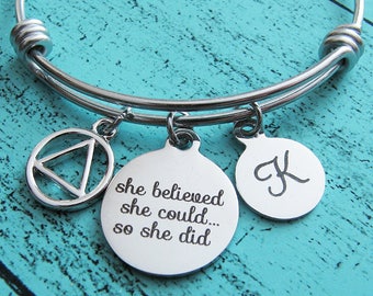 aa recovery gift, sobriety bracelet, addiction recovery jewelry, she believed she could, sober gift for her, alcoholic anonymous anniversary