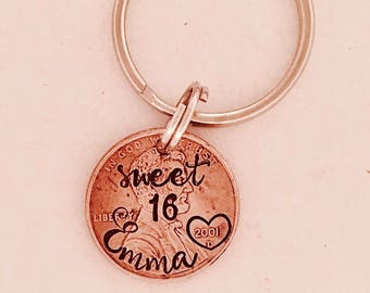 Sweet 16 key ring • Penny • personalized penny • Penny key ring • new driver • 16th birthday • license • Birthday gift