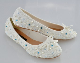 SALE!! Swarovski My Something Blue Crystal Glitter Bridal Ivory Pearl Flat Luxury Vintage Lace White Ballerina - LAST PAIRS!!!