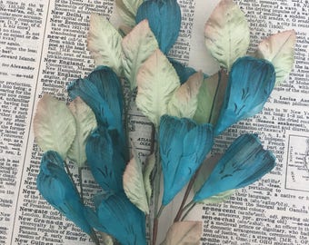 Vintage Aqua Turquoise blue silk Millinery flowers Made in Japan stems leaves