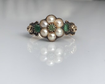 Antique ~ Pearl and Emerald ~ 18ct Gold Ring ~ size UK N or US 6.5