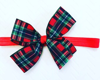 Red And Green Plaid Xmas Hair Bow, Christmas Hair Bows, Girls Holiday Hair Bows, Newborn Xmas Hair Bands, Infant Xmas Hair Bows
