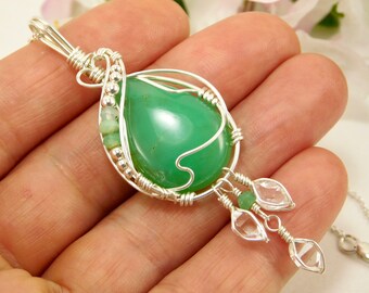 Natural Green Chrysoprase Pendant - Peruvian Opal Jewelry - Green Jewelry - Peruvian Opal - Herkimer Diamond + Chrysoprase - Sterling Silver
