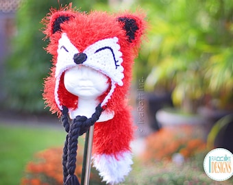 Red Furry Fox Hat with Detachable Tail READY to SHIP Handmade Crochet Hat for Preschool Size