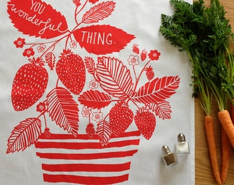 Stripes & Strawberries Tea Towel: Hand screen printed in the UK