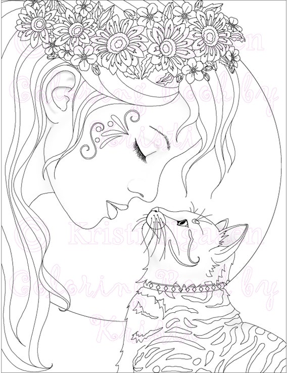 Adult Coloring Page Cat Coloring Page Fantasy Coloring The