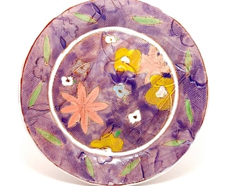 Purple Floral themed dinner plate - earthenware, handbuilt food safe plate made by Kaitlyn Brennan/Brennan Pottery