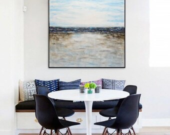 Landscape painting original large painting 36x36 square abstract oil painting ocean blue seascape modern art by L.Beiboer