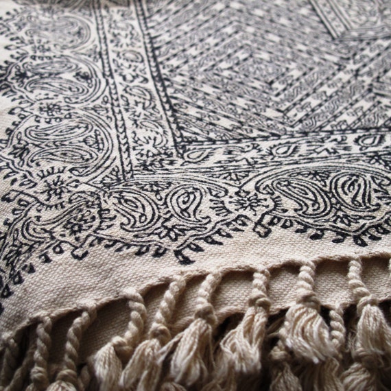 Hand crafted tablecloth, wall decor, natural textile 39" inches with tassels