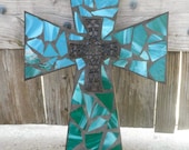 Items similar to Green Mosaic Cross. Teal mosaic stained ...