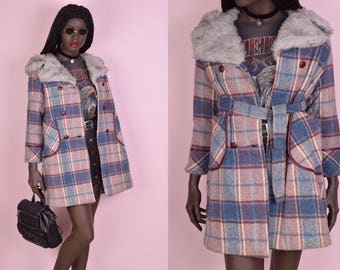 60s 70s Plaid Hooded Coat/ XS/ 1960s/ 1970s/ Jacket