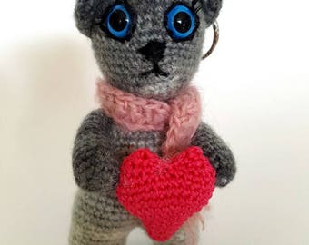 Crocheted Cat & Heart Keychain - Ready to Ship