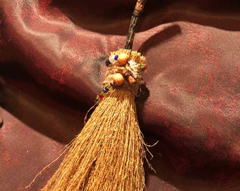 Besom (Witches' Broom): 9 inches. Mountain Laurel Handle, with Seashell, Bone, Beads