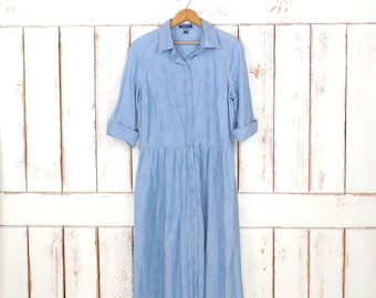90s vintage Lands End light blue jean denim button down shirt dress/minimalist chambray collared shirt dress/medium/large