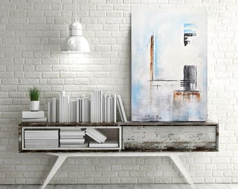 Original abstract painting large contemporary art blue white 24 x 36 modern oil painting design decor by L. Beiboer