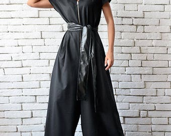 Black Maxi Jumpsuit/Oversize Loose Jumpsuit/Plus Size Overall/Short Sleeve Top Wide Leg Bottom Suit/Loose Zipper Jumpsuit/Black Maxi Suit