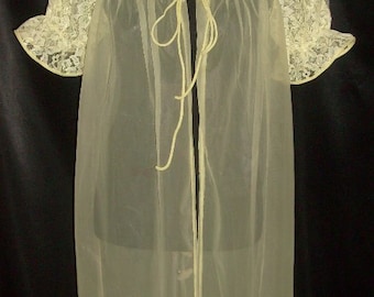 Vintage Bright Yellow Sheer Chiffon & Lace Peignoir / Robe Medium M