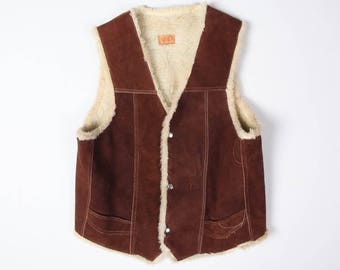70s Vintage Dark Brown Suede Leather Shearling Rancher Vest Size M