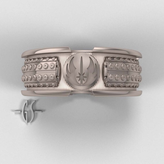 Star Wars Lightsaber Ring - Mens Engagement Ring - 14k Palladium White Gold Wedding Geek Band