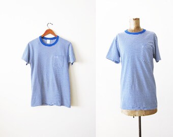 Striped Shirt - Vintage T Shirt - Striped T Shirt - Thin Striped Shirt - 80s Shirt - Pocket T Shirt - Blue White Stripe Shirt - Grunge Shirt