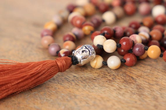 BUDDHA MALA NECKLACE - 108 bead - Crystal necklace - Prayer beads - Mandala - Yoga necklace - Tassel - Spiritual - Mindful - Mookaite - Gem