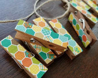 Colorful Hexagon Honeycomb Chunky Clothespins w Twine for Clothesline Display, Little Wooden Clips Set of 12, Photo Studio, Teal & Yellow
