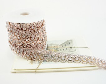 Rose Gold Rhinestone Scallop Trim, Clear Crystal Trim, Wedding Rhinestone Trim, Rhinestone Chain, Rhinestone Applique, 25mm ( 1 Yard Qty)