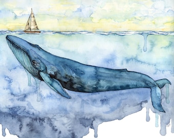 Watercolor Painting, Whale Painting, Whale Print, Whale Art, Blue Whale, Beach Decor, Whale Nursery, Print titled, "Sovereign of the Sea"