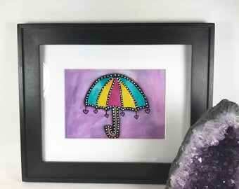 Joy Umbrella Matted Mixed Media Art Print - 5x7 matted to 8x10 inches - Ready to Frame