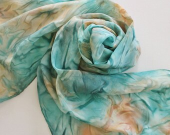 Hand Painted Silk Scarf - Handpainted Scarves Aqua Teal Turquoise Blue Jade Green Peach Orange
