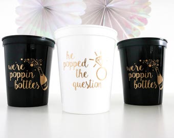 Bachelorette Party Cups, bachelorette cup, were poppin bottles, he popped the question, Bachelorette Party Favor, Bachelorette gift, bridal