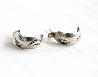 Southwestern Hoop Earrings Vintage Stamped Sterling Silver Small Hoops Modern Southwest Minimalist