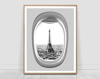 Eiffel tower seen from airplane window, famous place poster,Paris print, architecture, Travel, black and white, city, printable photography,