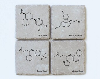 Antidepressant Drug Molecule Coasters, Set of 4, Biochemistry, Psychiatry, Pharmacy, Science Gift