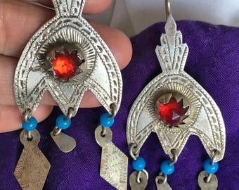 Old Berber SILVER Earrings with Red Glass, Dangles & Blue Beads, South Marocco