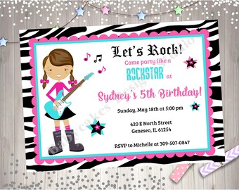 Rockstar Birthday Party Invitation Invite Rock Star Birthday Party Printable Invitation Aqua Pink
