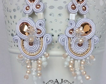 Soutache Earrings White RoseGold, Long Soutache Earrings, Soutache Earrings