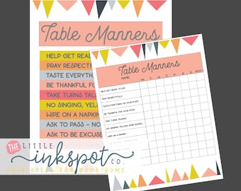 Kids Table Manners Set of 2 digital printables - kids chart printables - kids learning printables - manners chart for kids instant download