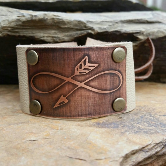 Leather Cuff Bracelet with Copper Arrow Design Custom Hand