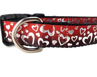 Valentine Dog Collar, Black Red Hearts, 1 inch wide, adjustable, quick release, metal buckle, chain, martingale, hybrid, nylon