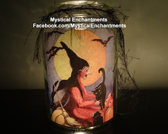 Halloween Luminary Witch Candle Holder Vintage style Witch with Black Cat