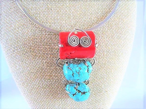 Native American Sterling Silver Necklace, Turquoise Coral Pendant, Signed 925, Large Chunky Stones, Sterling Collar, Statement Necklace