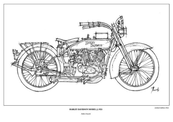HARLEY DAVIDSON Model J 1921 Original Handmade Art Print HARLEY DAVIDSON Model J 1921 Original Handmade Art Print